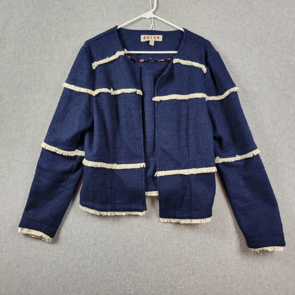 Anthropologie Dolan Left Coast Julie Fringed Navy White LS Open Jacket Womens XL